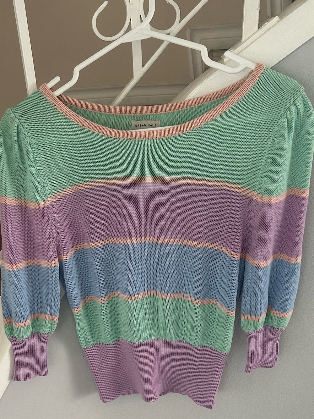 The Urban Haus Women’s Pastel Striped Knit Sweater Top Puff Sleeve- Size S - Picture 11 of 11